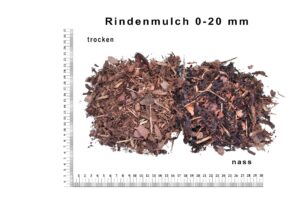 Vergleich von trockenem und nassem Rindenmulch auf weißem Hintergrund mit Lineal.